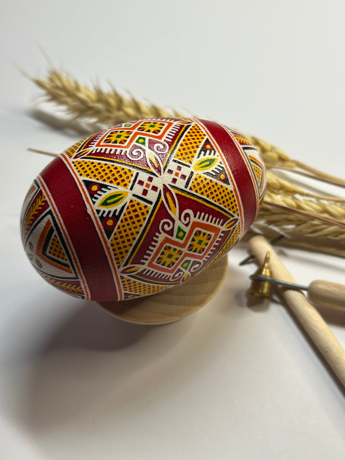 Hand-Painted Ukrainian Easter Egg Pysanka in Bright Red Gold Colors