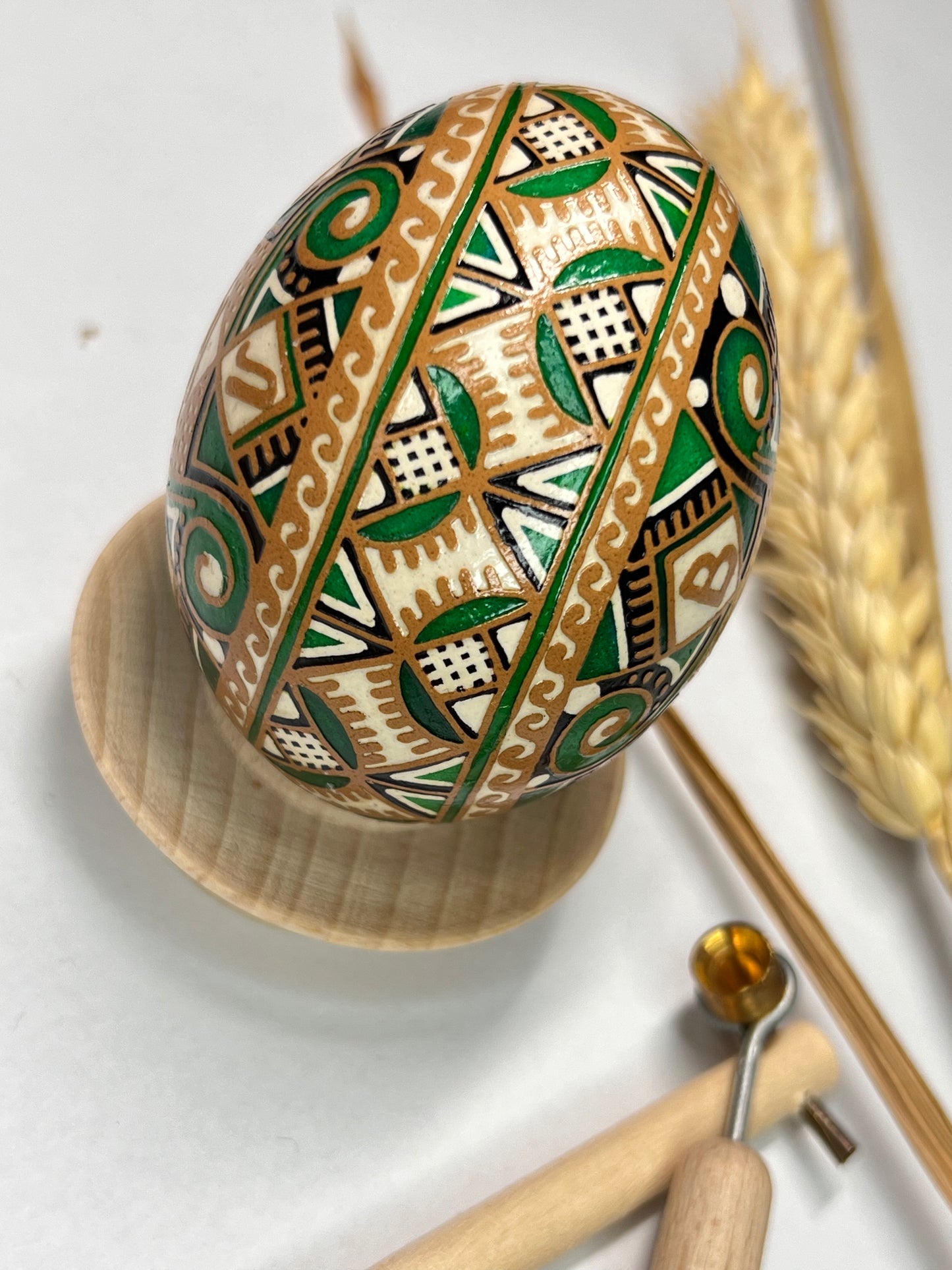 Hand Crafted Ukrainian Easter Egg in Green and Brown Colors