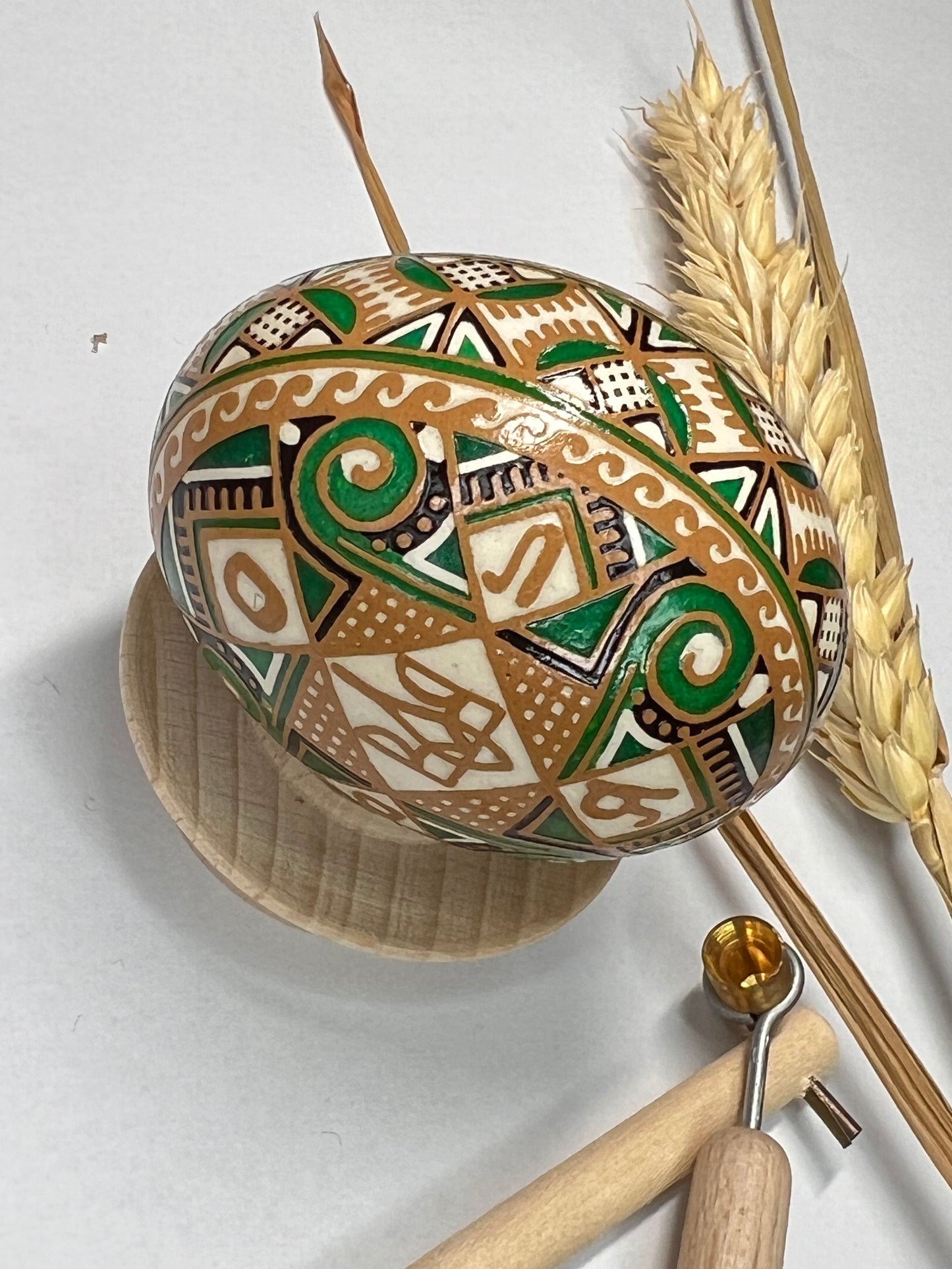 Hand Crafted Ukrainian Easter Egg in Green and Brown Colors