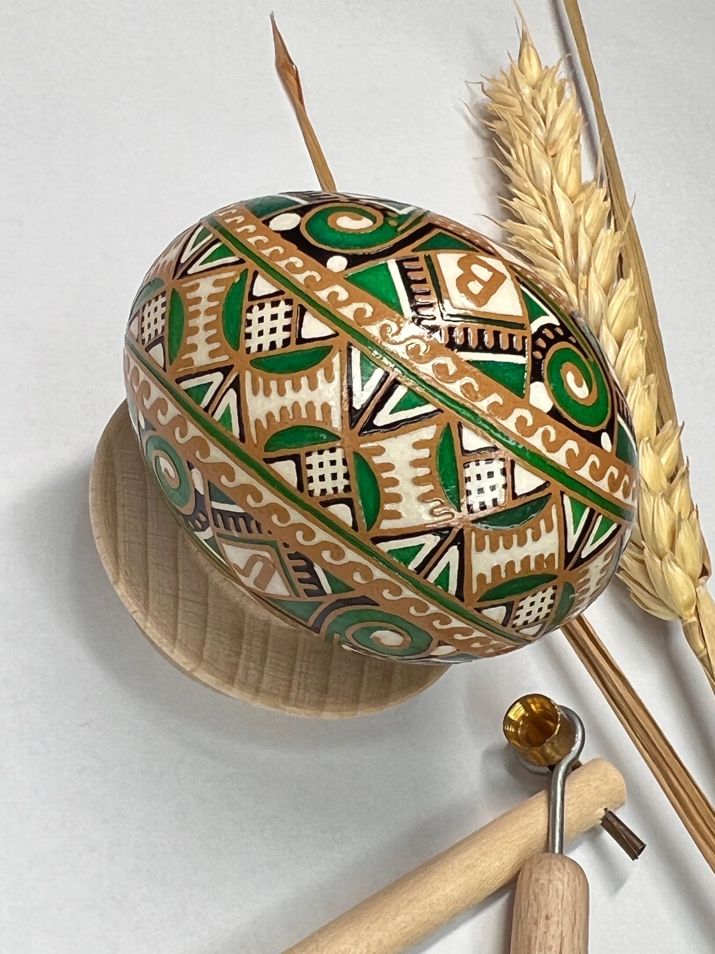 Hand Crafted Ukrainian Easter Egg in Green and Brown Colors