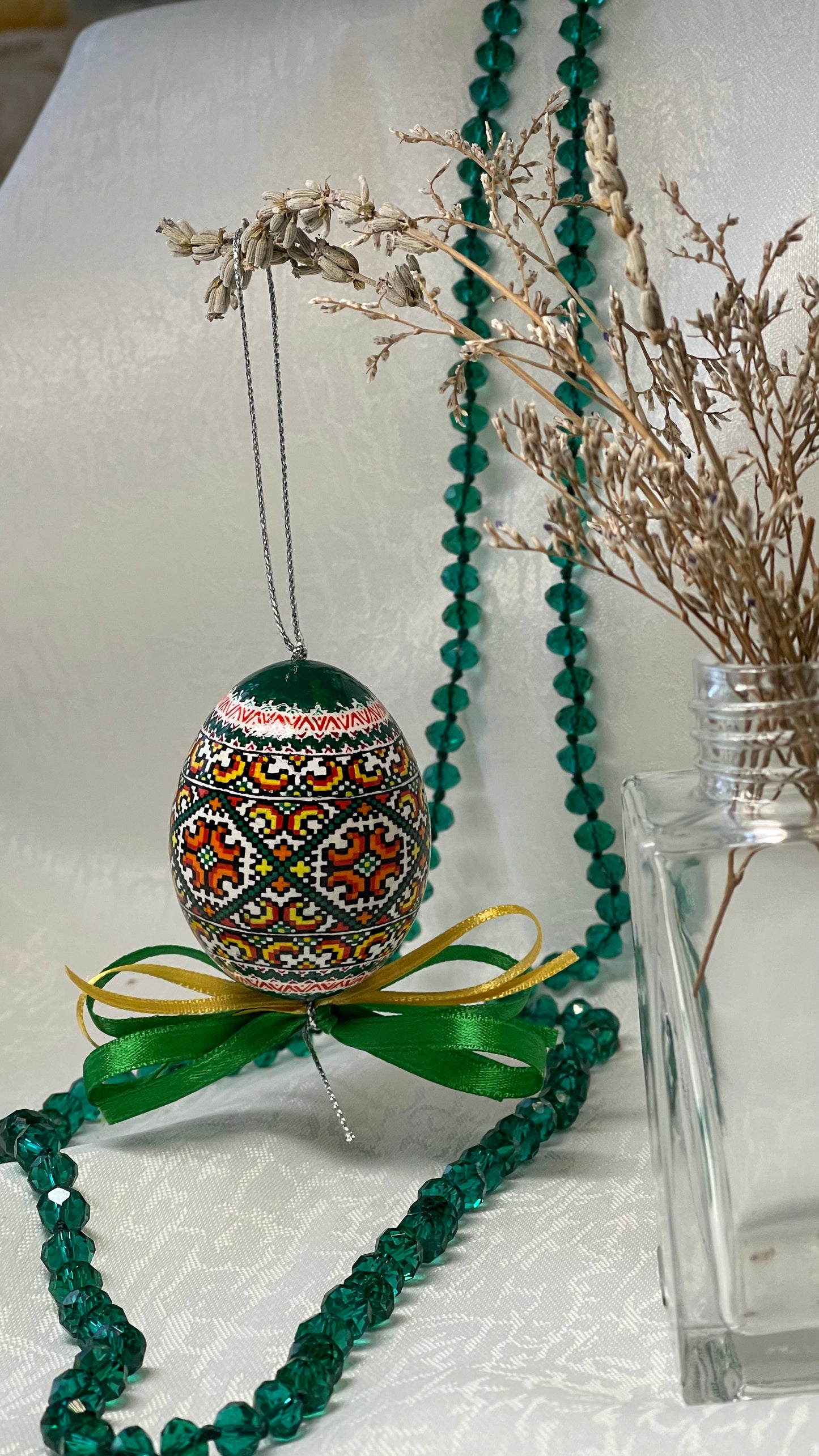 Hand-Crafted Easter Egg Pysanka Green Chicken Egg Shell