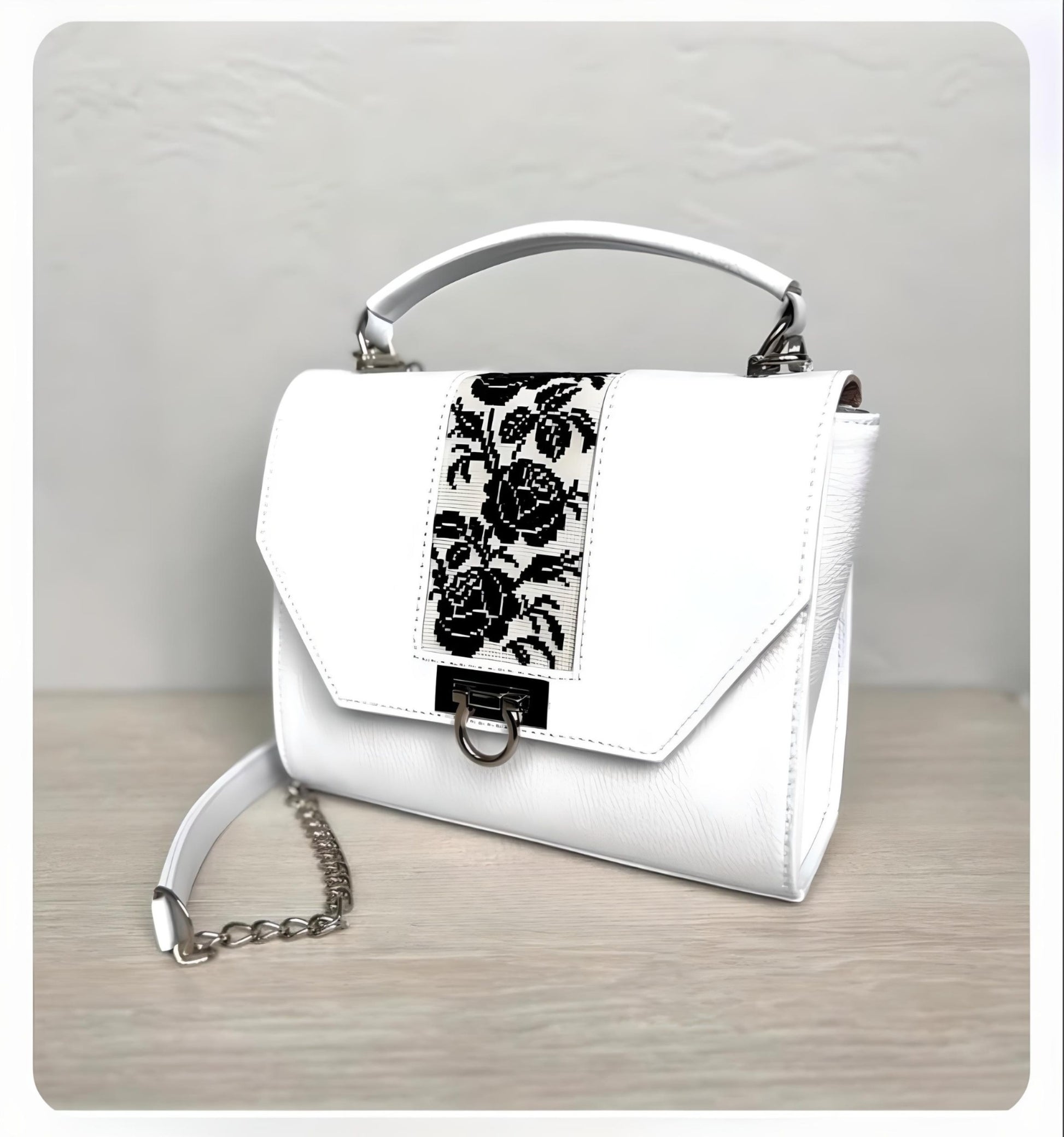 White Leather Bag with Black Embroidery | Gift-Emporium