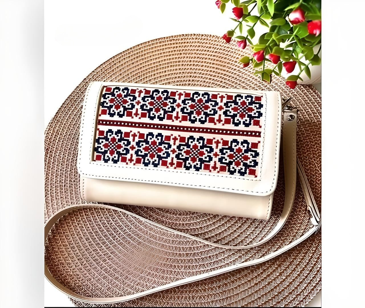 Embroidered  Cross-Stitch Natural Leather Shoulder Purse from Ukraine | Gift-Emporium