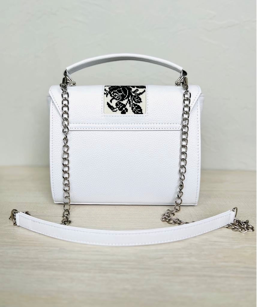 Black leather bag with white hand embroidery, elegant design, unique gift | Gift-Emporium






