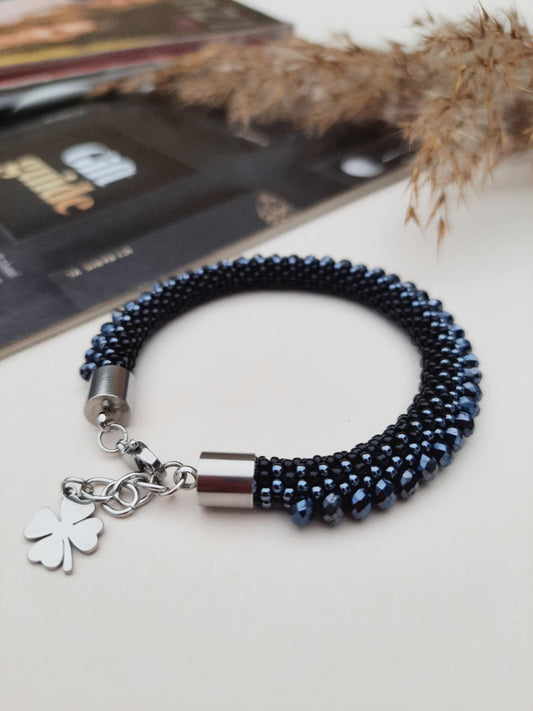 Navy Blue Beaded Hand-Made Bracelet with Check Beads – A Luxury Gift