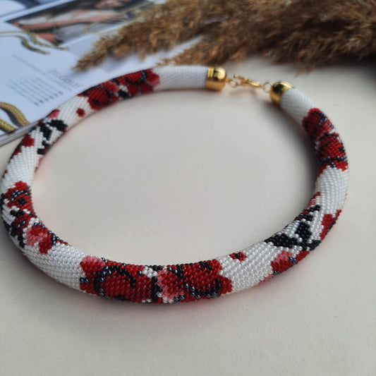 Beaded Necklace in Dark Red and White Colors Excellent Gift for Her