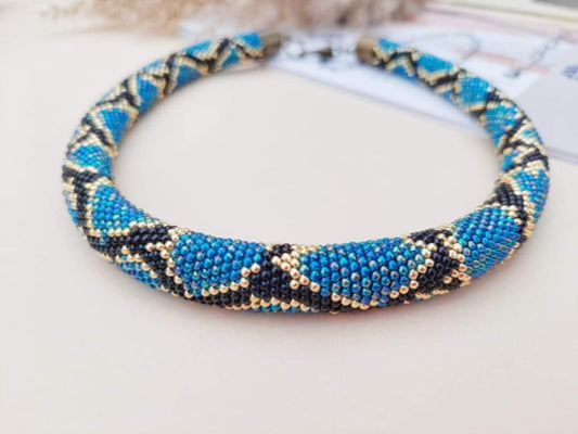 Blue, Black, and Gold Imitation Necklace – Hand-Made Jewelry