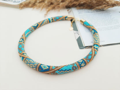 Colorful Hand-Made Beaded Necklace in Blue and Green – Exclusive Gift for Women