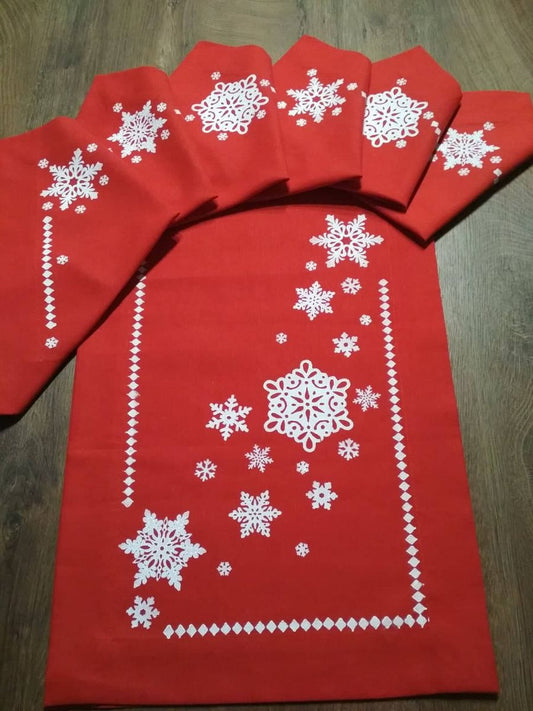 Christmas and New Year's Set of Linen Table Runner with Napkins In Red and White