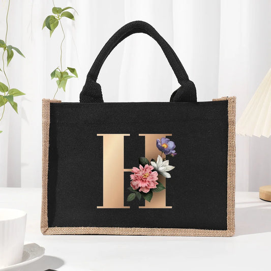 Waterproof Black Patch Linen Canvas Handbag with Gold Letter | Gift-Emporium