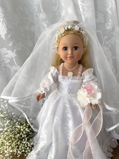 Bride Doll Hand-Made Wedding Outfit White Veil with Pink Flowers, Unique Wedding Gift, Wedding Salon Decor, Wedding Decor, Bridal Party Gift