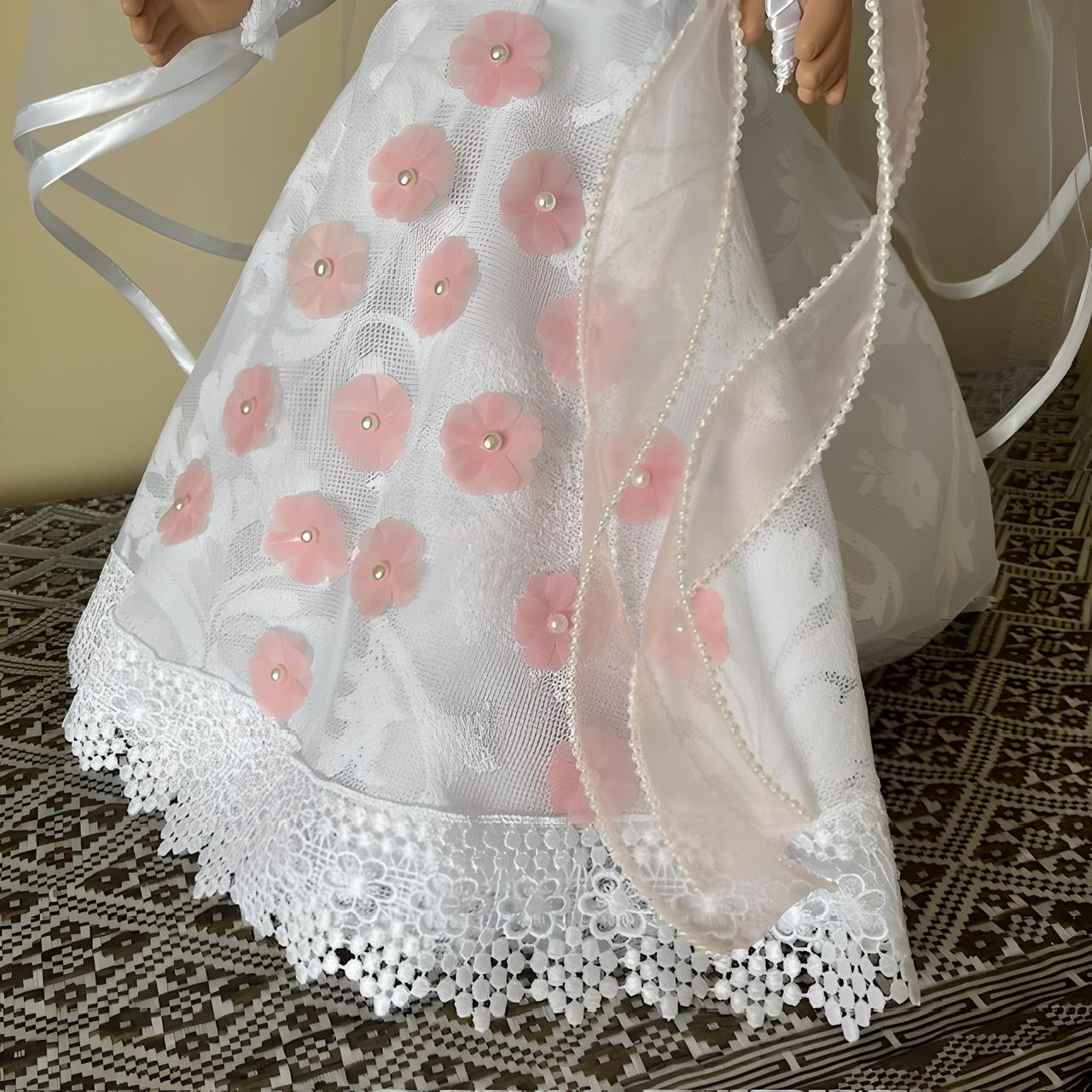 Bride Doll Hand-Made Wedding Outfit White Veil with Pink Flowers, Unique Wedding Gift, Wedding Salon Decor, Wedding Decor, Bridal Party Gift