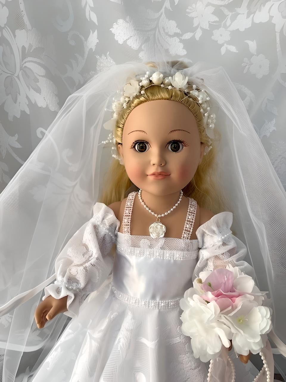 Bride Doll Hand-Made Wedding Outfit White Veil with Pink Flowers, Unique Wedding Gift, Wedding Salon Decor, Wedding Decor, Bridal Party Gift