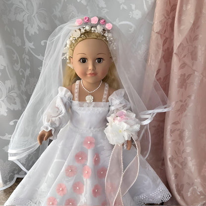 Bride Doll Hand-Made Wedding Outfit White Veil with Pink Flowers, Unique Wedding Gift, Wedding Salon Decor, Wedding Decor, Bridal Party Gift