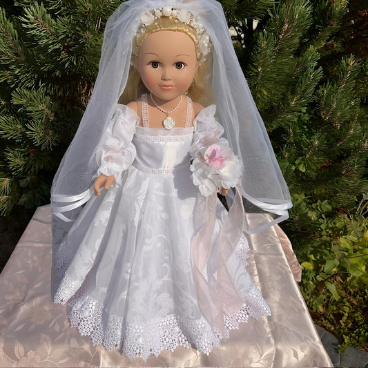 Handcrafted Bride Doll Wedding Decor White Veil, Pink Floral Wedding Gown, Removable Outfit, Bridal Shower Gift