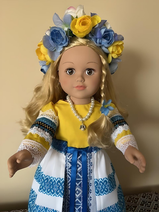 Ukrainian Folk Art Doll Blue Yellow Outfit, Hand Embroidered Style, Floral Wreath, Collectible Decor, Artisanal Ukrainian Gift