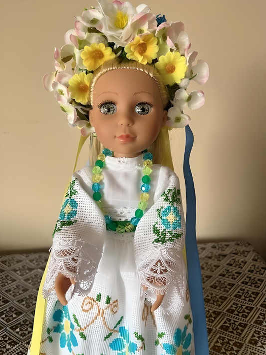 Vesna Spring Ukrainian Doll Blue Yellow, Hand Embroidered Folk Art Decor, Flower Wreath Gift