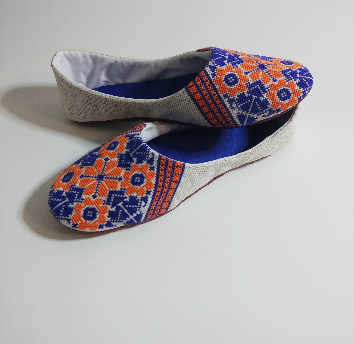 Linen house elegant slippers, ballet slippers hand embroidery, Light weight travel slippers geometric pattern. Ethnic Ukraine.