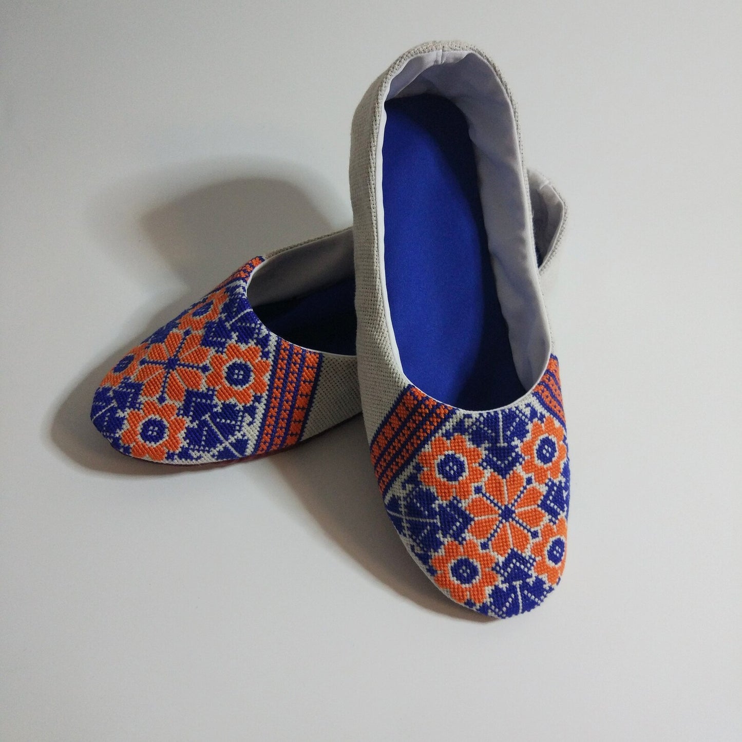 Linen house elegant slippers, ballet slippers hand embroidery, Light weight travel slippers geometric pattern. Ethnic Ukraine.