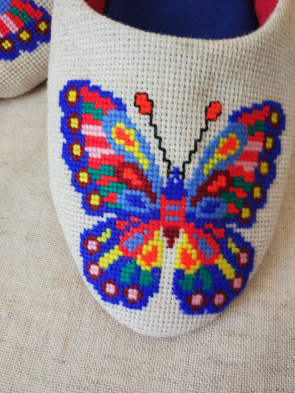 House elegant slippers butterfly, ballet slippers hand embroidery, Light weight travel slippers.Ethnic Ukraine