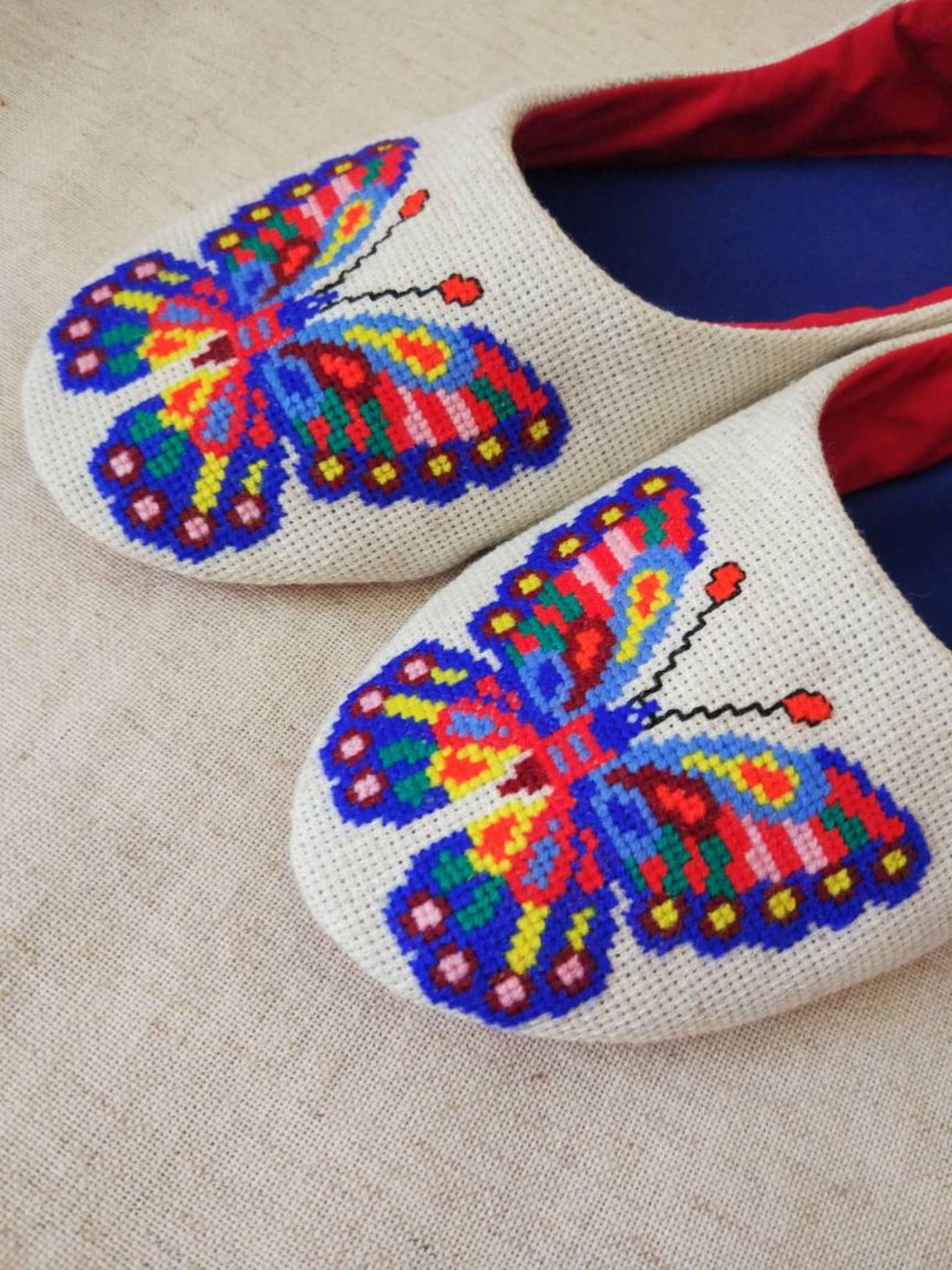 House elegant slippers butterfly, ballet slippers hand embroidery, Light weight travel slippers.Ethnic Ukraine