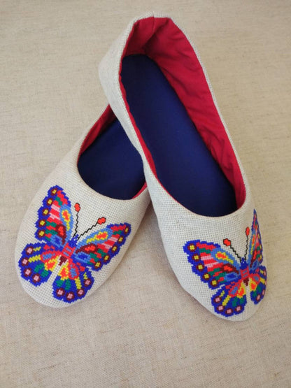 House elegant slippers butterfly, ballet slippers hand embroidery, Light weight travel slippers.Ethnic Ukraine