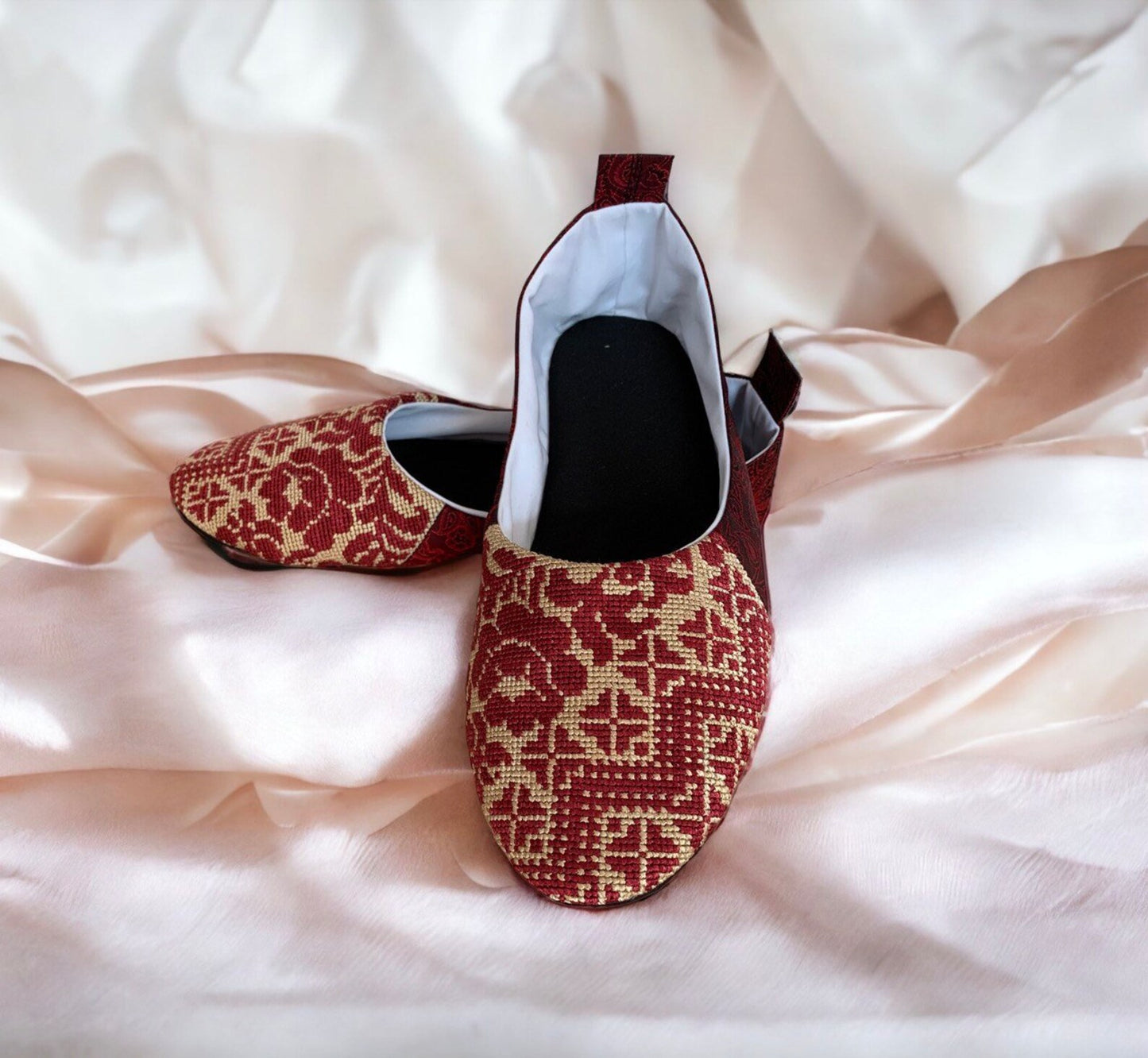 Burgundy and gold Wedding ballet slippers hand embroidery, House elegant slippers, Light weight travel slippers, ethnic image of Ukraine