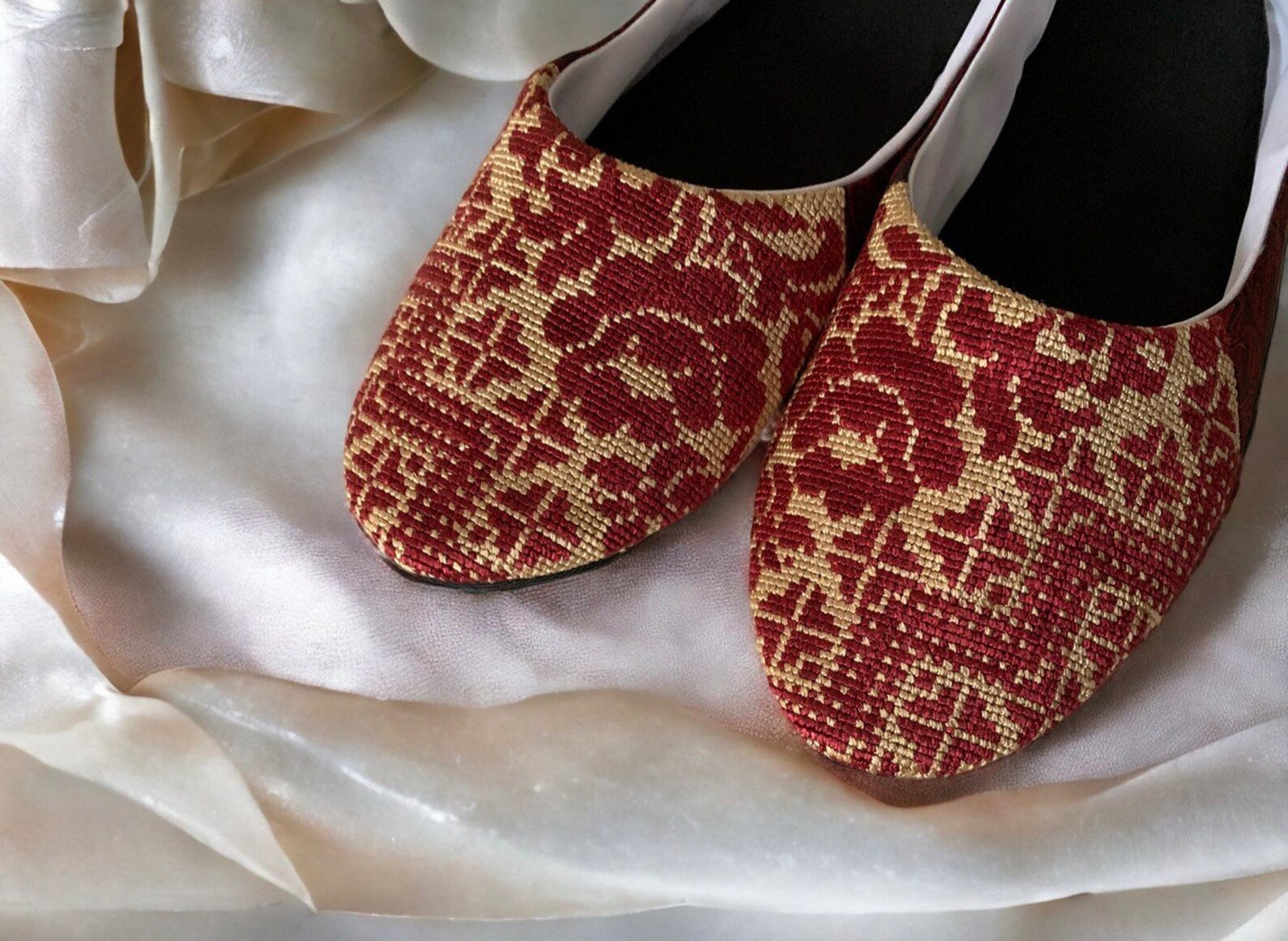 Burgundy and gold Wedding ballet slippers hand embroidery, House elegant slippers, Light weight travel slippers, ethnic image of Ukraine