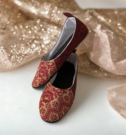 Burgundy and gold Wedding ballet slippers hand embroidery, House elegant slippers, Light weight travel slippers, ethnic image of Ukraine