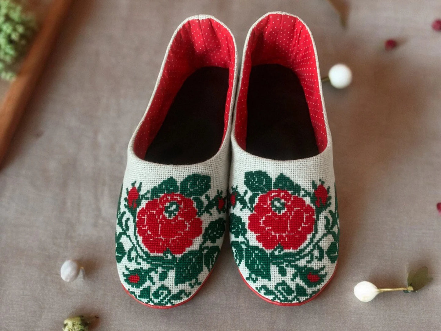 Linen house elegant slippers, ballet slippers hand embroidery roses, Light weight travel slippers .Ethnic Ukraine.