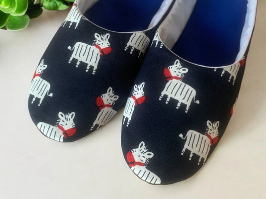 Blue Cotton Slippers handmade funny Zebra. Elegant Home Slippers Lightweight Travel Slippers