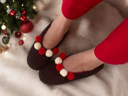 Handmade burgundy soft slippers with pompoms, Ukrainian folklore, warm house shoes gift for her