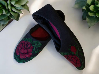 Black elegant House slippers, ballet slippers hand embroidery roses, Light weight travel slippers .Ethnic Ukraine.