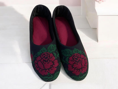 Black elegant House slippers, ballet slippers hand embroidery roses, Light weight travel slippers .Ethnic Ukraine.