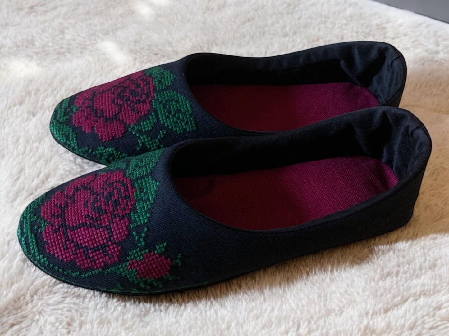 Black elegant House slippers, ballet slippers hand embroidery roses, Light weight travel slippers .Ethnic Ukraine.