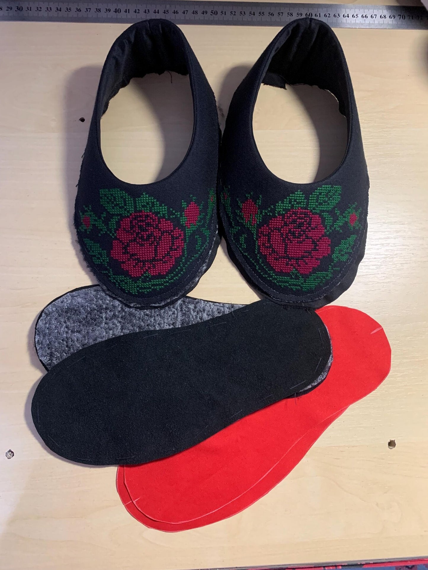 Black elegant House slippers, ballet slippers hand embroidery roses, Light weight travel slippers .Ethnic Ukraine.