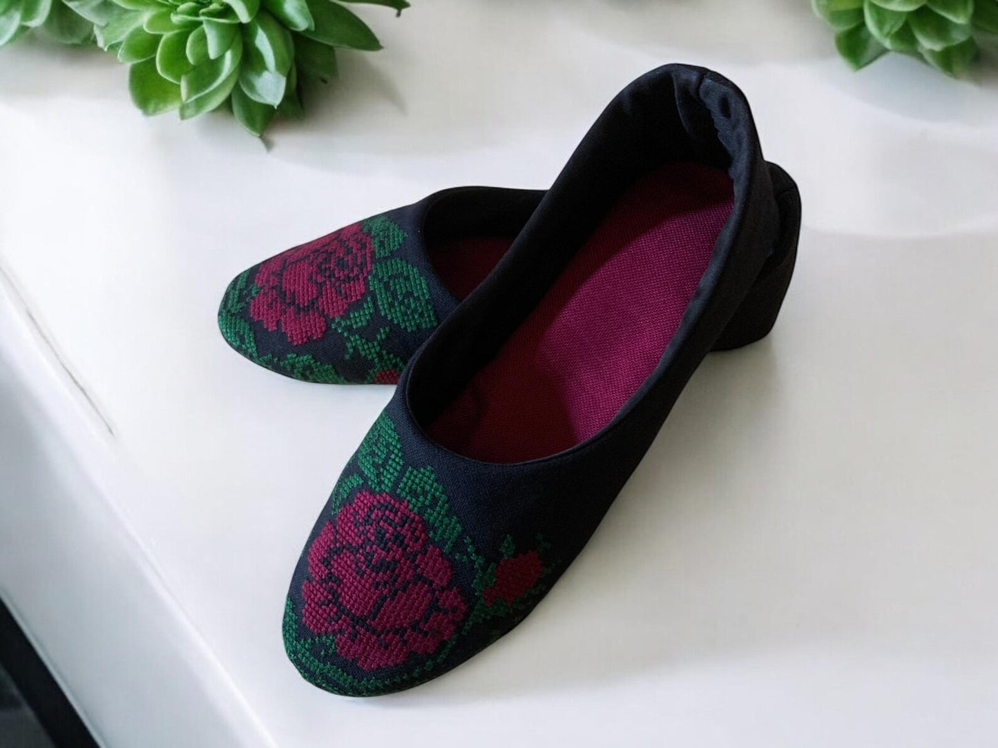 Black elegant House slippers, ballet slippers hand embroidery roses, Light weight travel slippers .Ethnic Ukraine.