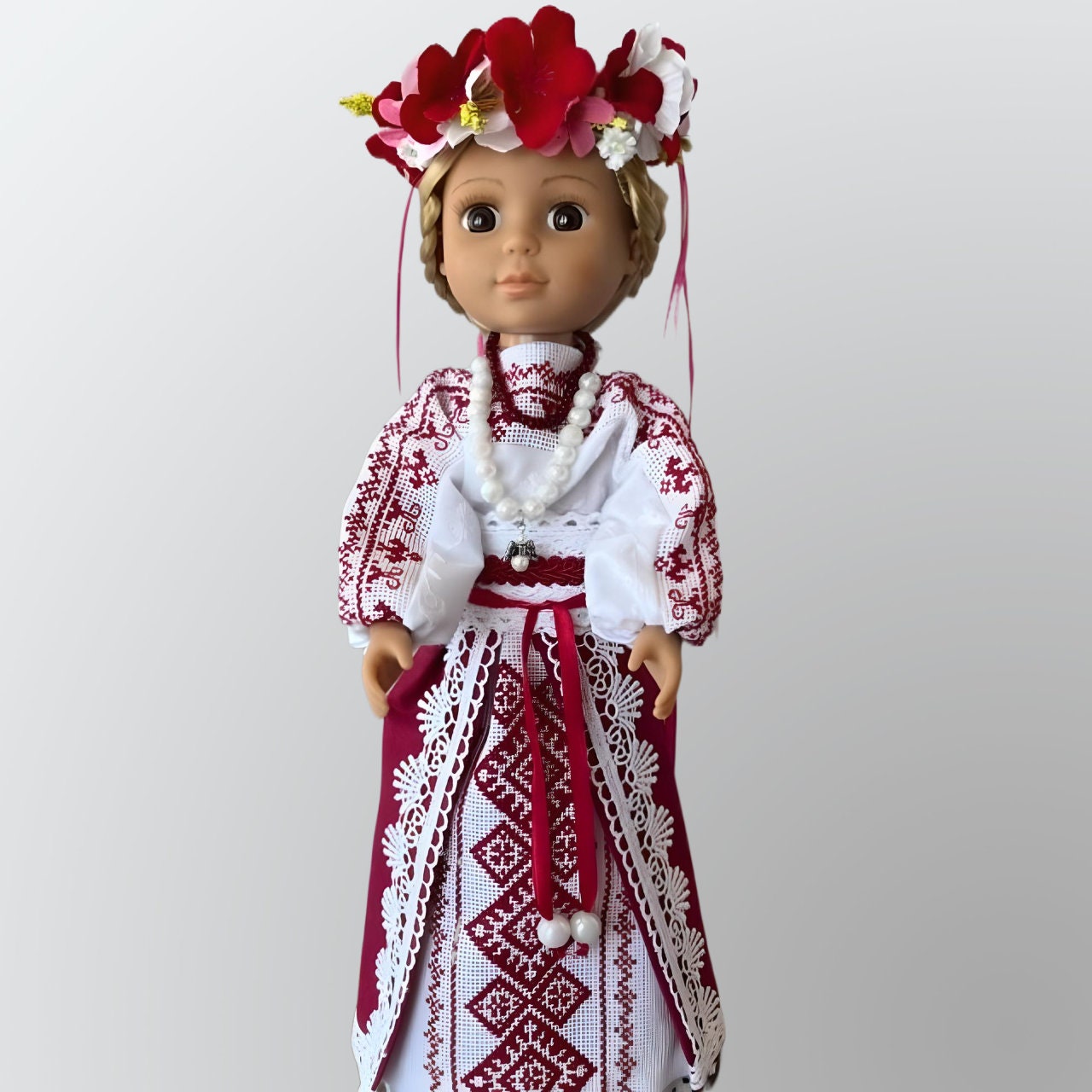 Hand-embroidered Ukrainian doll with red and white cross stitch pattern | Gift-Emporium