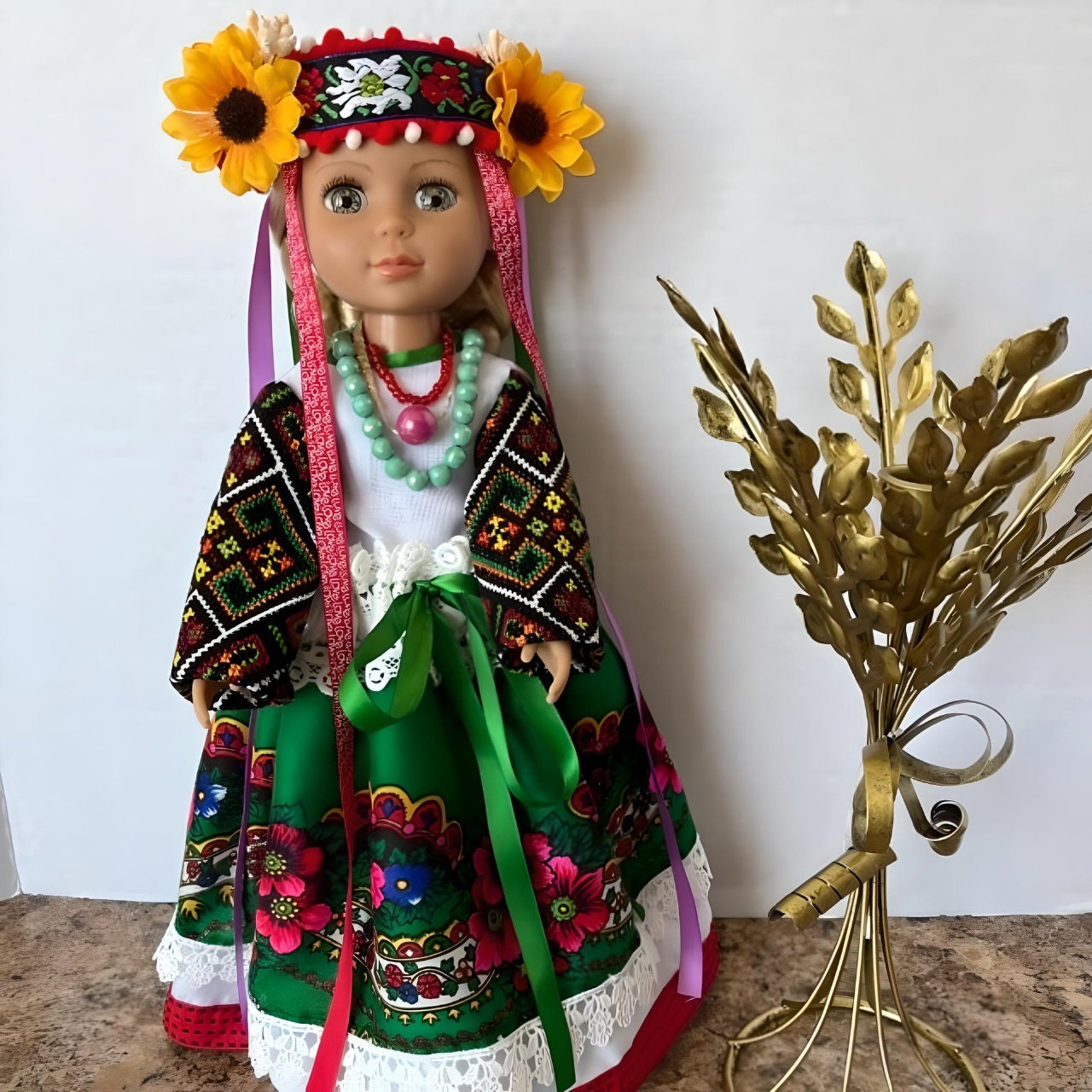 Ukrainian Doll with Green Outfit, Floral Headpiece | Gift-Emporium
