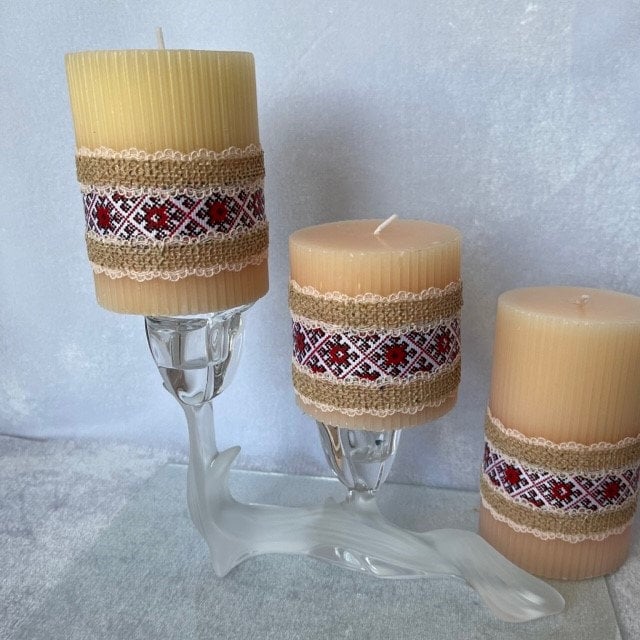 Relaxing aromatherapy pillar candles with intricate Ukrainian decor | Gift-Emporium