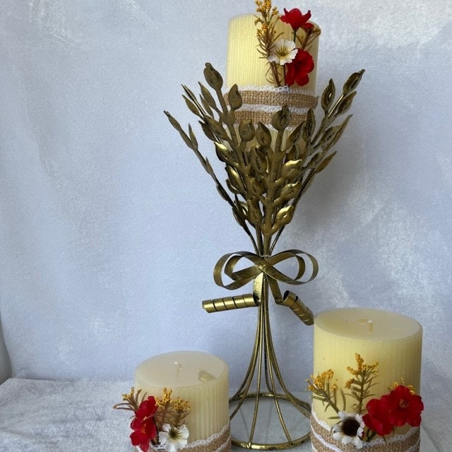 Scented Floral Pillar Candle Set of 2 with Pink and Beige Hand-Decorated Design | Gift-Emporium