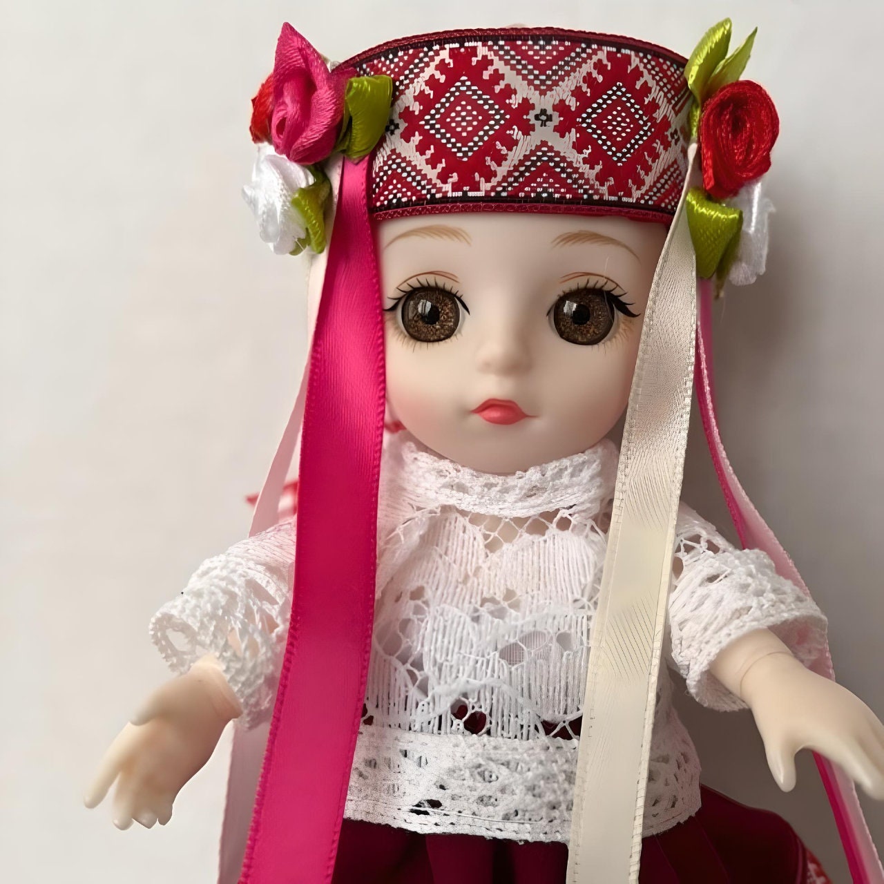 Handmade miniature red and white doll with Ukrainian headpiece | Gift-Emporium