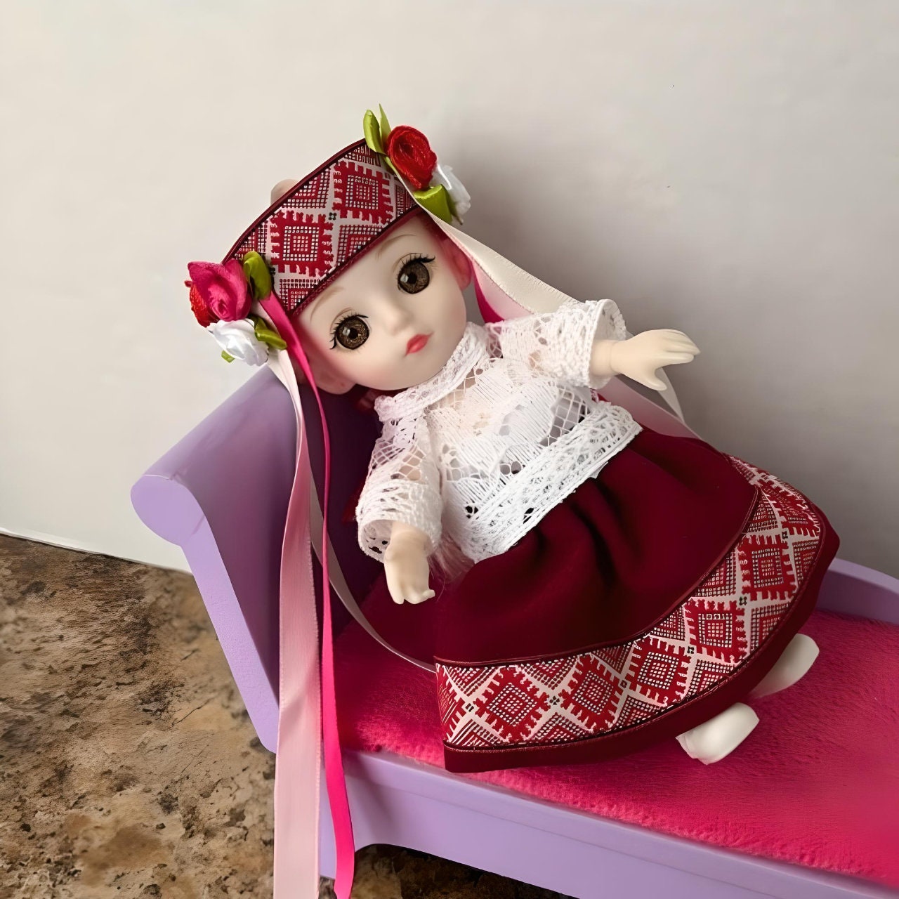 Beautiful handmade miniature doll with red ribbon hair decoration | Gift-Emporium
