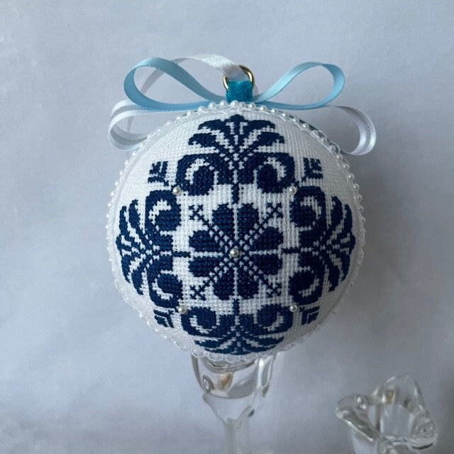 Handmade Blue Christmas Hanging Ball Ornament with Cross Stitch Embroidery | Gift-Emporium