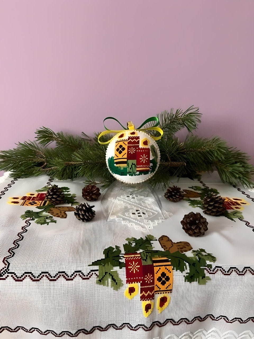 Handcrafted cross stitch Christmas decoration with three candles for family holiday | Gift-Emporium