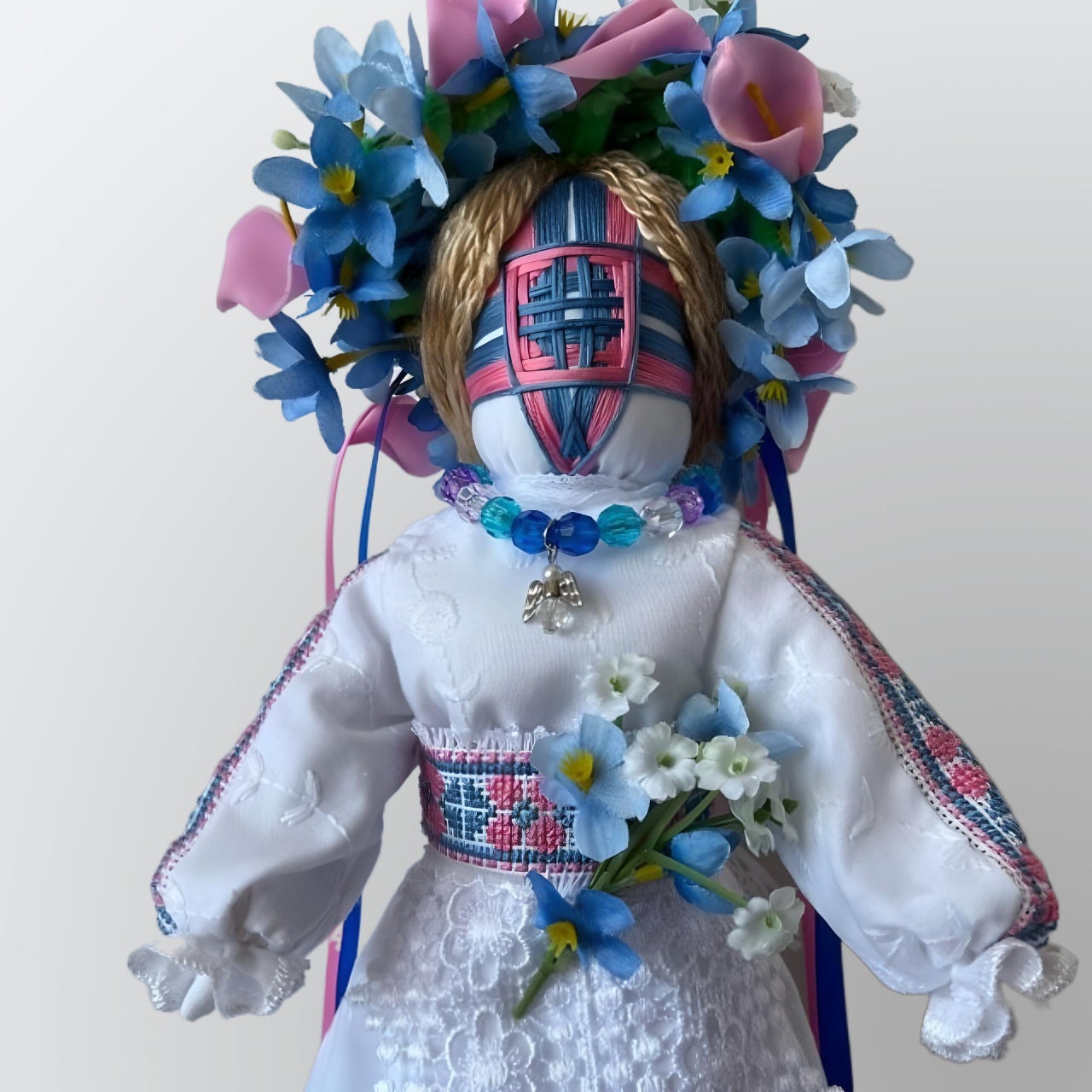 Forget-Me-Not Motanka doll with intricate cross-stitch | Gift-Emporium