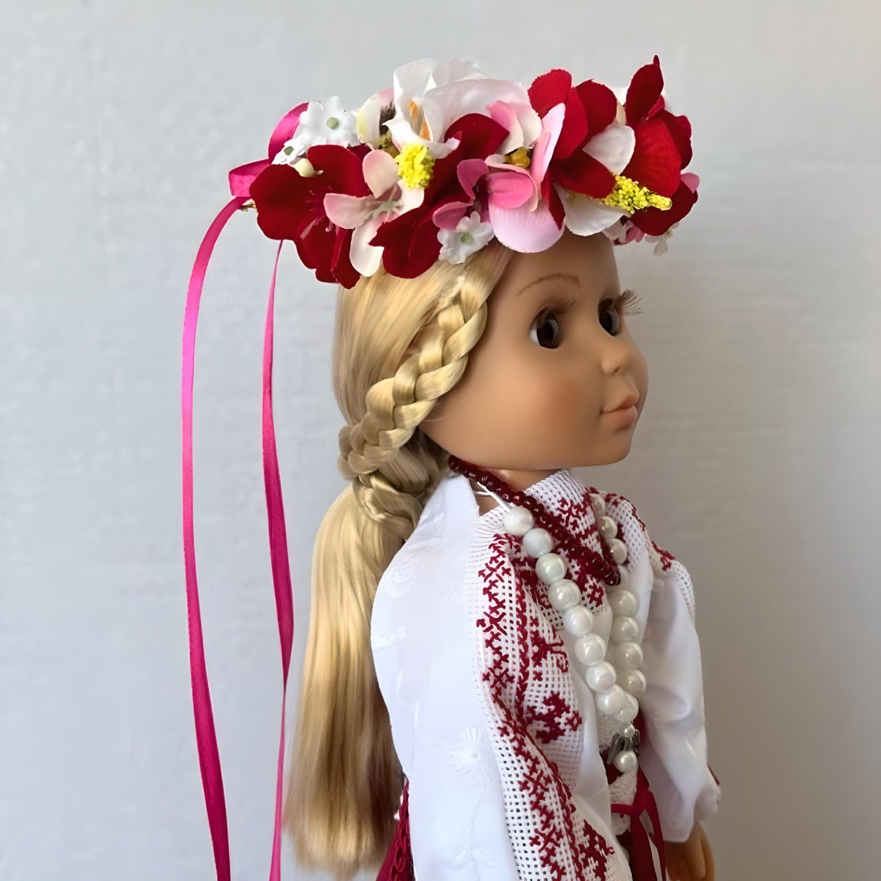 Red and white Ukrainian art doll with rich cross-stitch embroidery | Gift-Emporium
