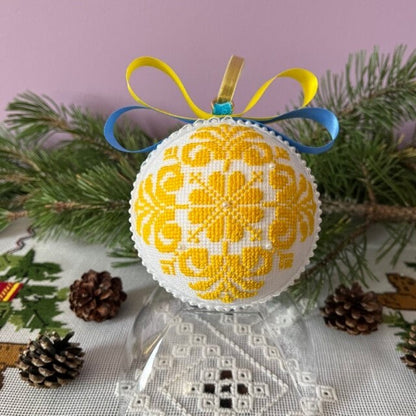 Christmas tree ball ornament, hand-stitched with yellow and blue velvet, perfect holiday gift | Gift-Emporium