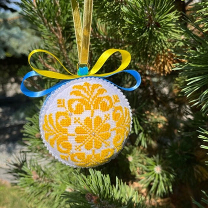 Yellow and blue cross-stitched Christmas tree decoration, 9cm handmade velvet ornament | Gift-Emporium