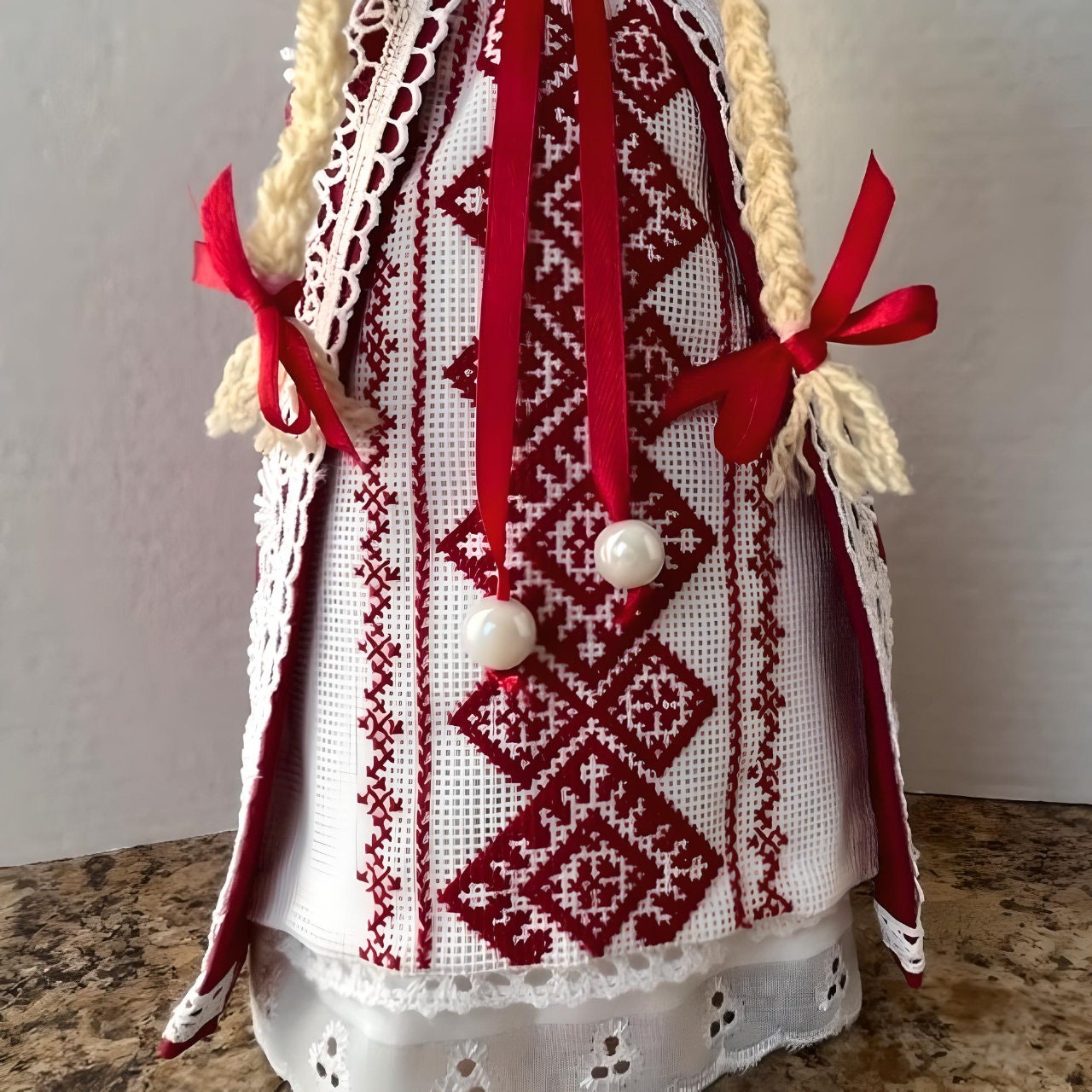 Unique white and red embroidered Motanka doll from Ukraine | Gift-Emporium
